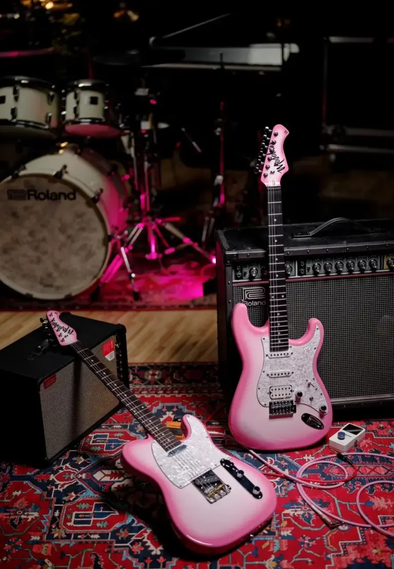 Entry-level electric guitars in a studio