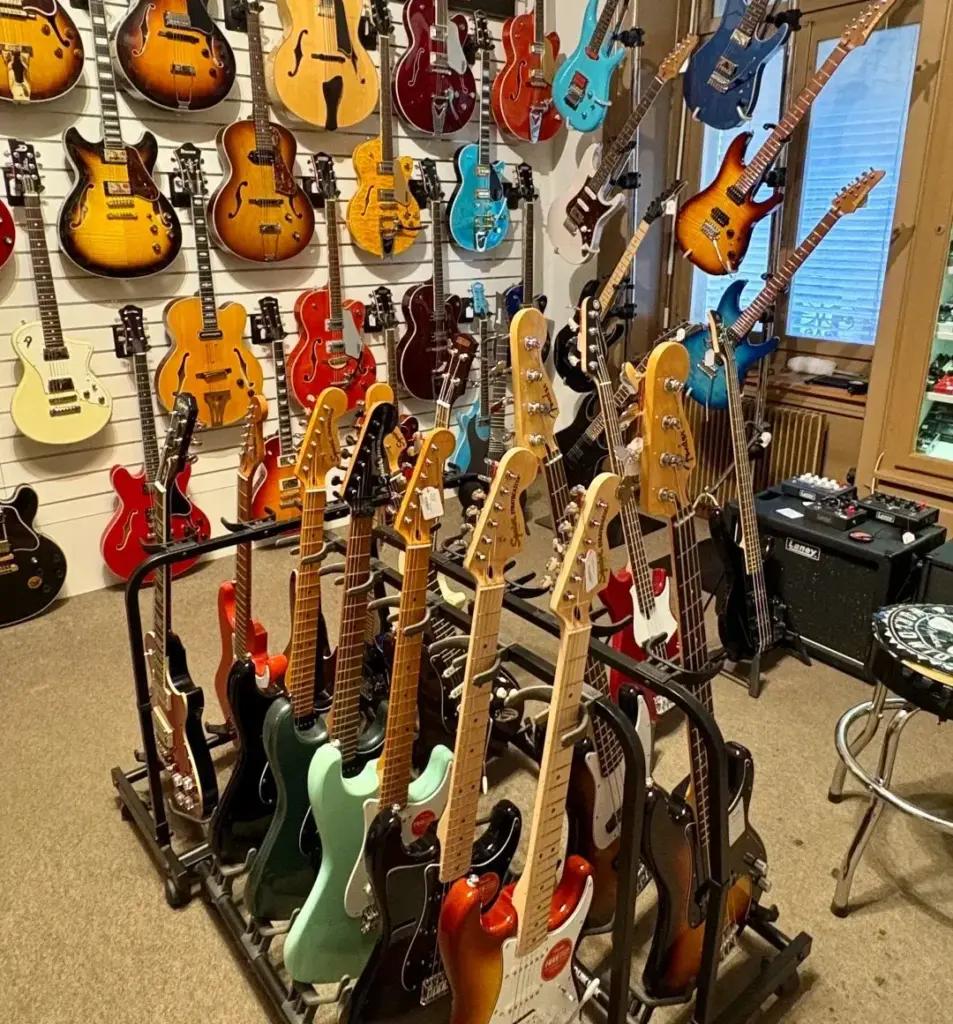 Wall of guitars in a music shop
