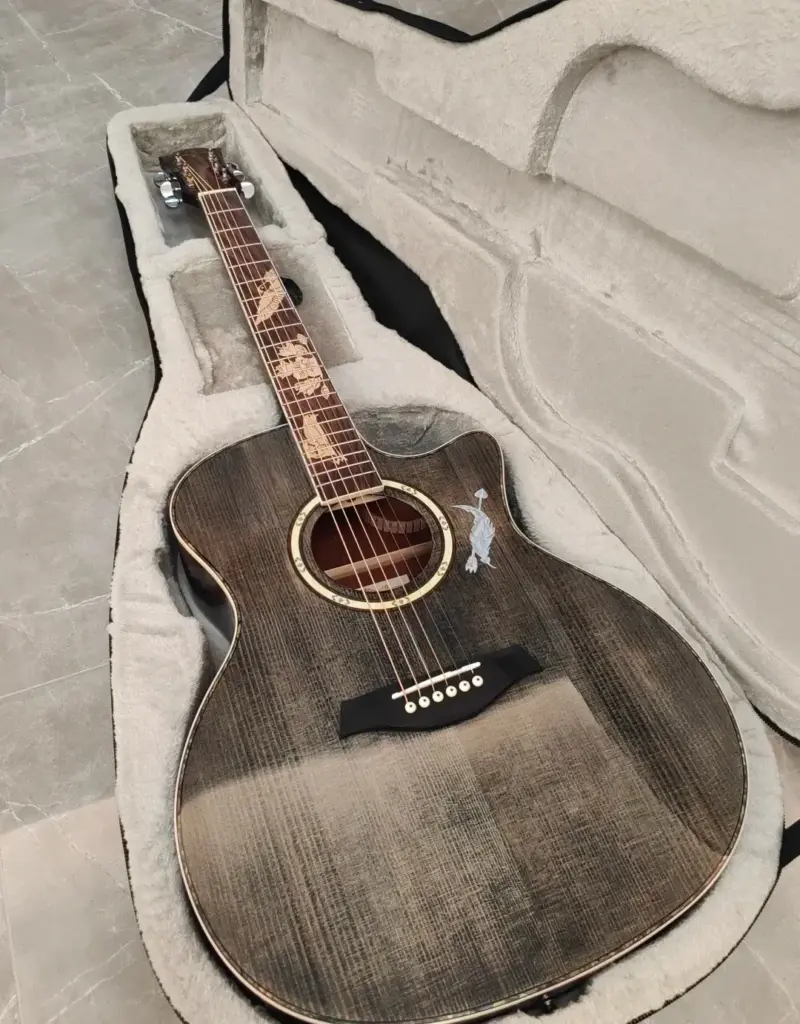 Guitare folk électro-acoustique table flammée dans son étui